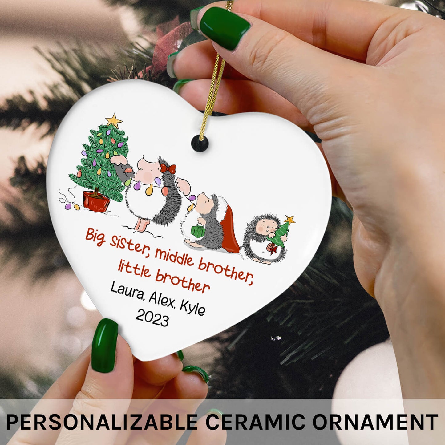 Hedgehog Siblings - Personalized Christmas gift For Siblings - Custom Heart Ceramic Ornament - MyMindfulGifts