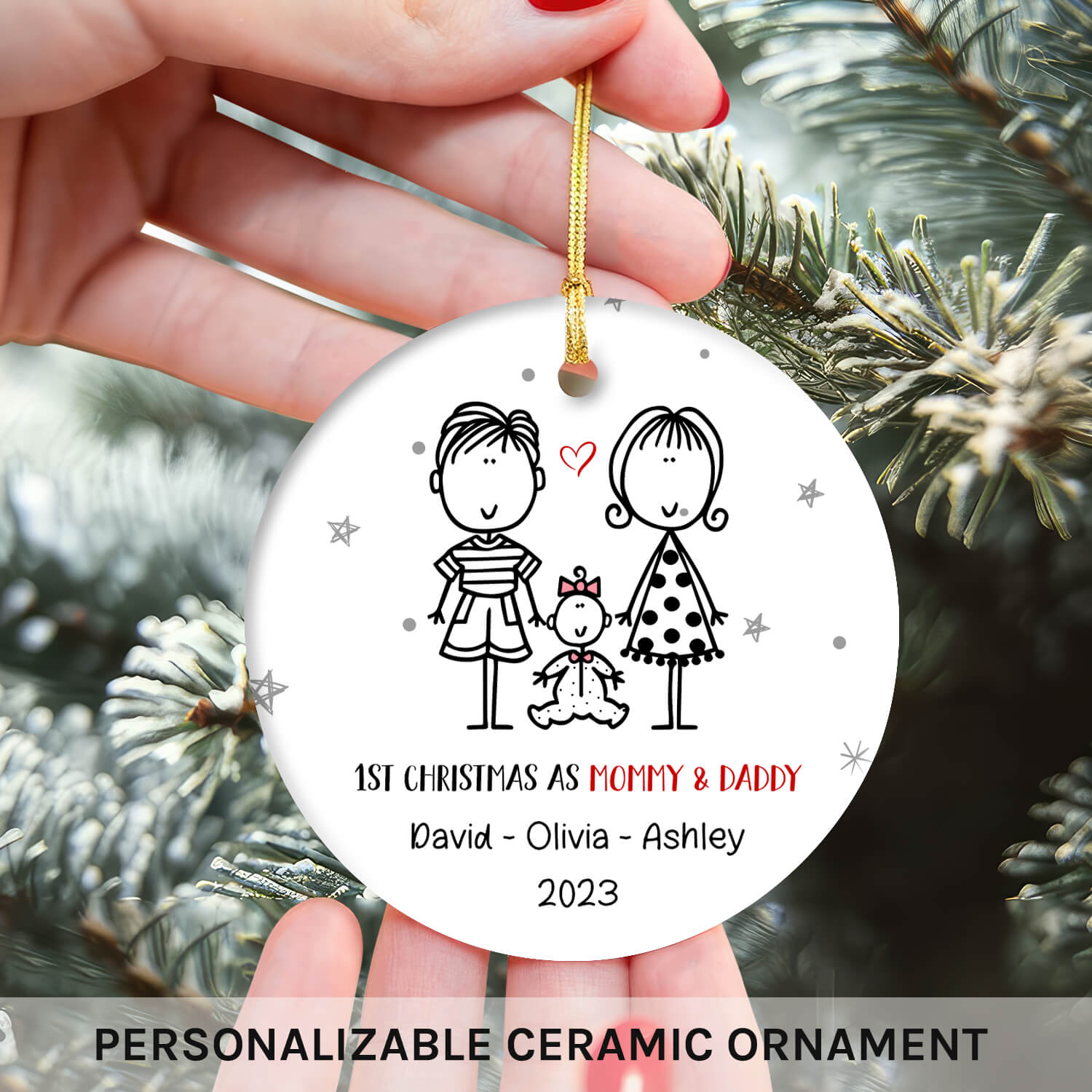 1st Christmas as Mommy & Daddy - Personalized First Christmas gift For New Parents - Custom Circle Ceramic Ornament - MyMindfulGifts