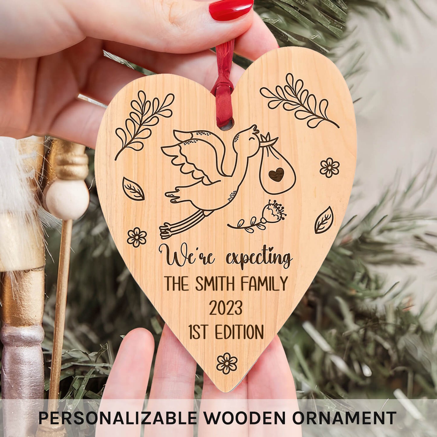 We're Expecting - Personalized Christmas Pregnancy Announcment gift For Family - Custom Heart Wooden Ornament - MyMindfulGifts