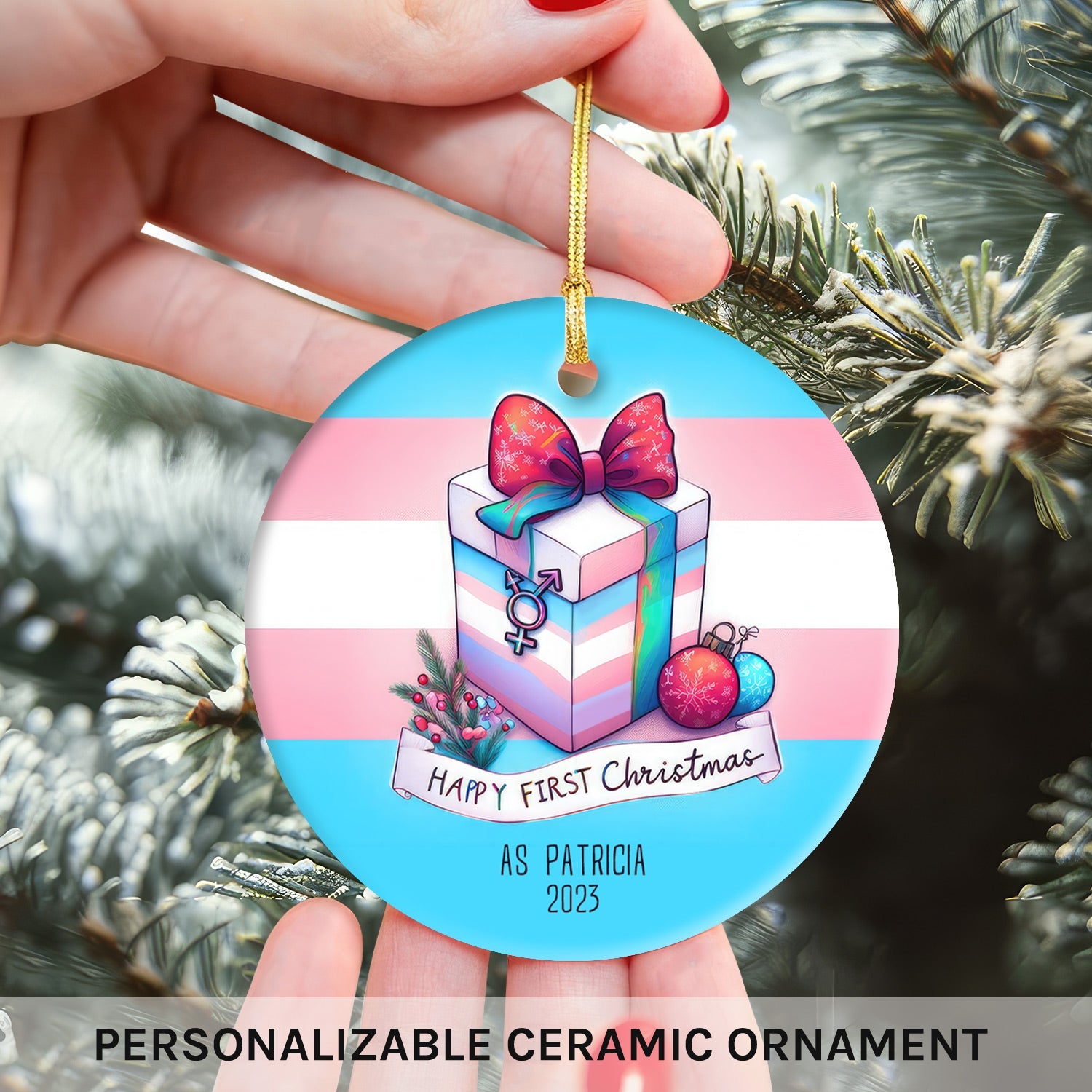Transgender First Christmas - Personalized First Christmas gift For Transgender - Custom Circle Ceramic Ornament - MyMindfulGifts