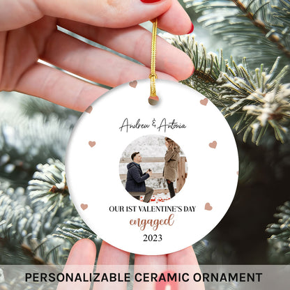 Our First Valentine's Day Engaged - Personalized First Valentine's Day gift For Fiance - Custom Circle Ceramic Ornament - MyMindfulGifts