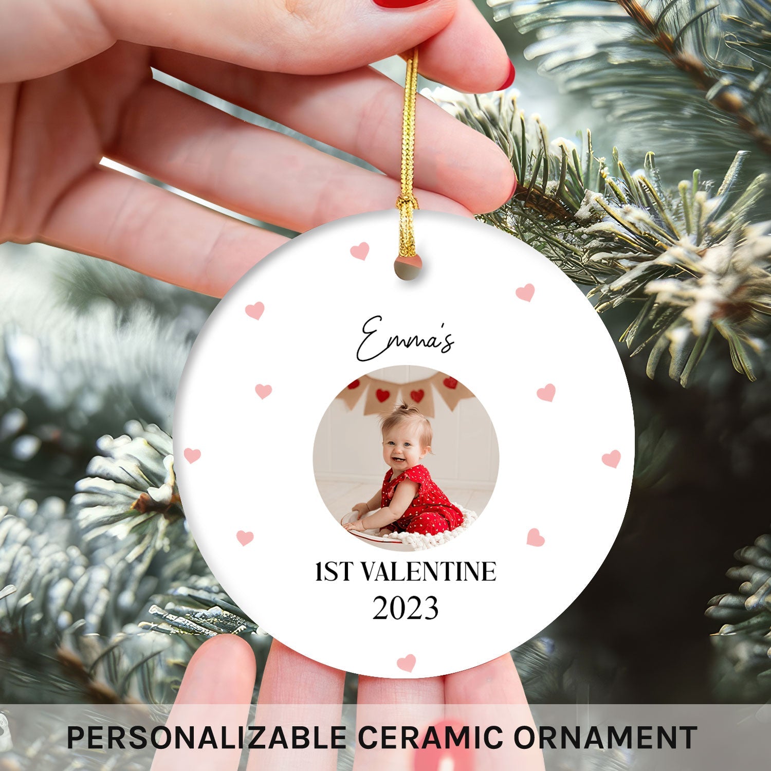 Baby's First Valentine's Day - Personalized First Valentine's Day gift For Baby - Custom Circle Ceramic Ornament - MyMindfulGifts