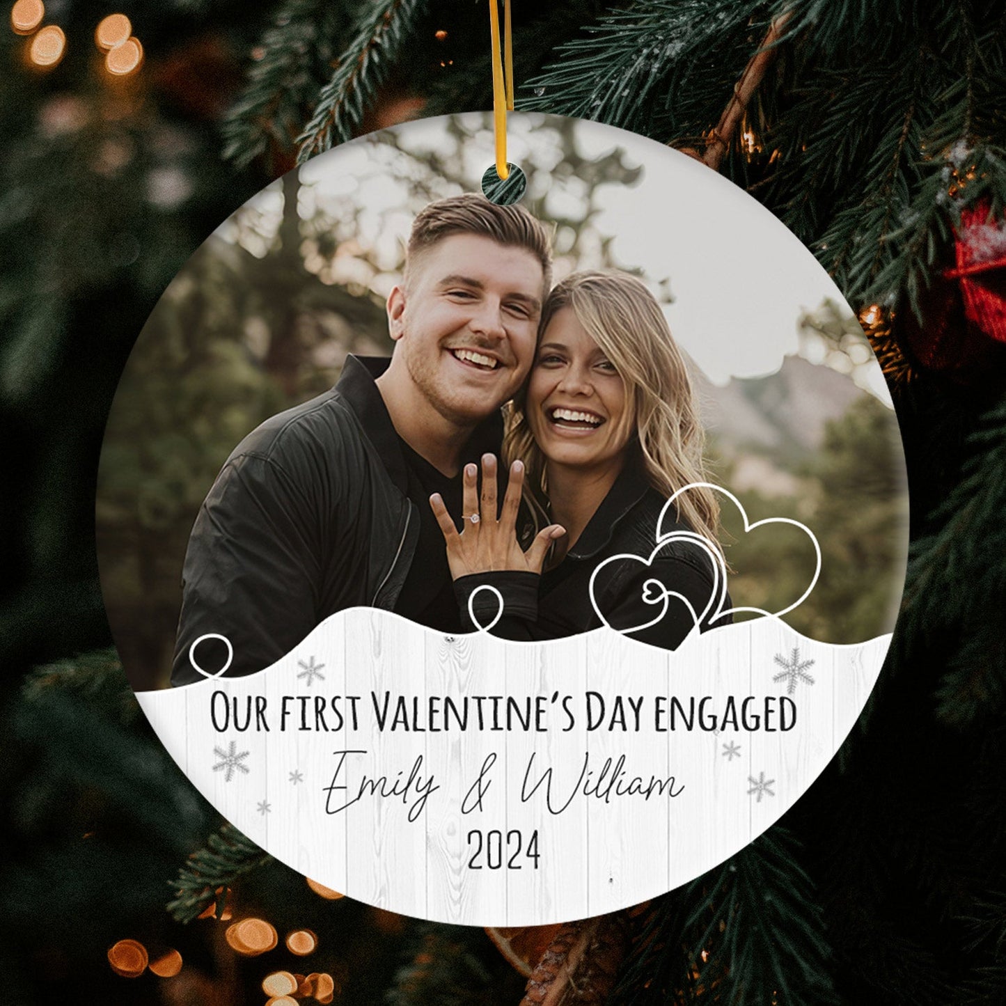 Our First Valentine's Day Engaged - Personalized First Valentine's Day gift For Fiance - Custom Circle Ceramic Ornament - MyMindfulGifts