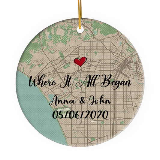 Where It All Began Map - Personalized Anniversary or Valentine's Day gift for Husband or Wife - Custom Circle Ceramic Ornament - MyMindfulGifts