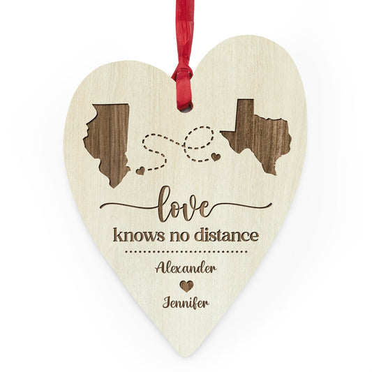 Love Knows No Distance Map - Personalized Anniversary or Valentine's Day gift for Husband or Wife - Custom Heart Wooden Ornament - MyMindfulGifts