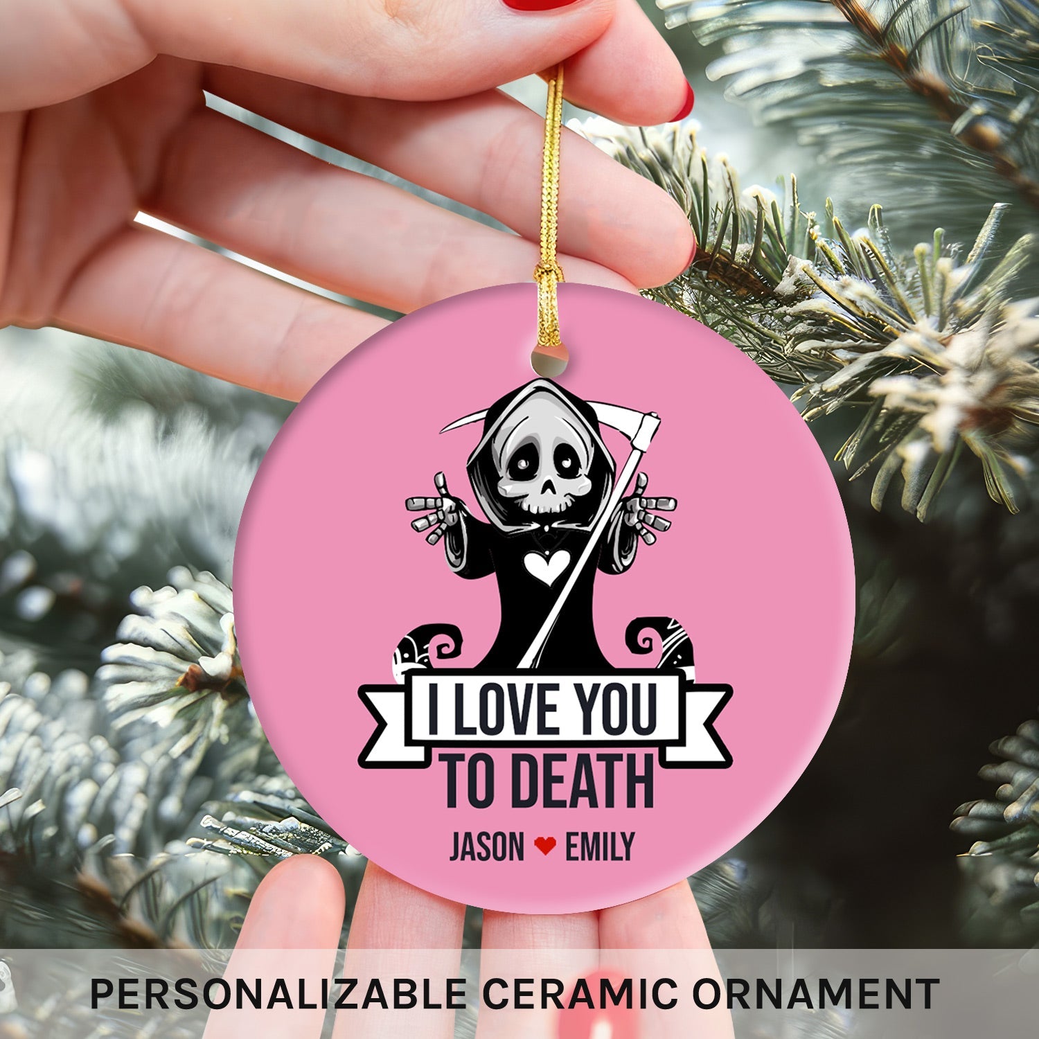 I Love You To Death - Personalized Anniversary or Halloween gift for Him or Her - Custom Circle Ceramic Ornament - MyMindfulGifts