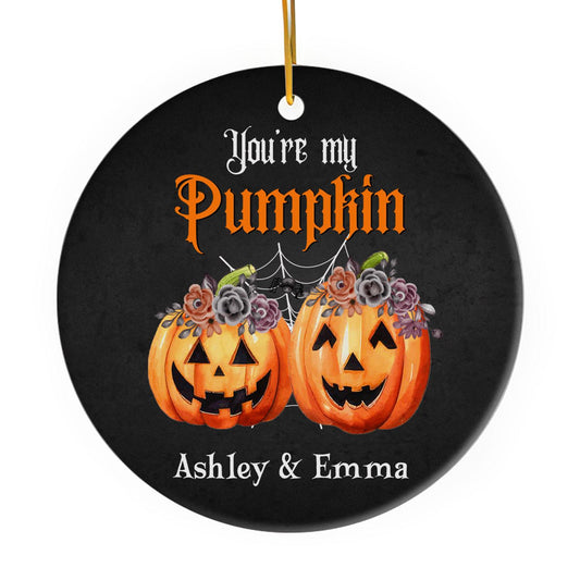 You're My Pumpkin - Personalized Anniversary or Halloween gift for Lesbian Couple - Custom Circle Ceramic Ornament - MyMindfulGifts