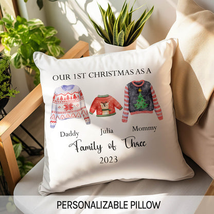 Our First Christmas As A Family Of Three - Personalized First Christmas gift for Family - Custom Pillow - MyMindfulGifts