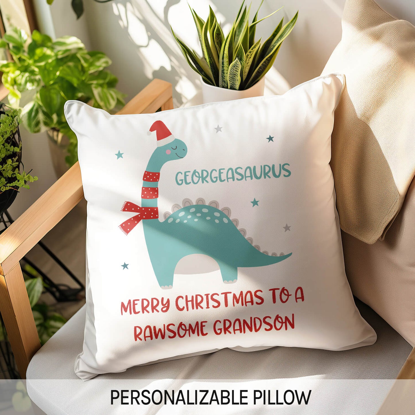 Merry Christmas To A Rawsome Grandson - Personalized Christmas gift For Grandson - Custom Pillow - MyMindfulGifts