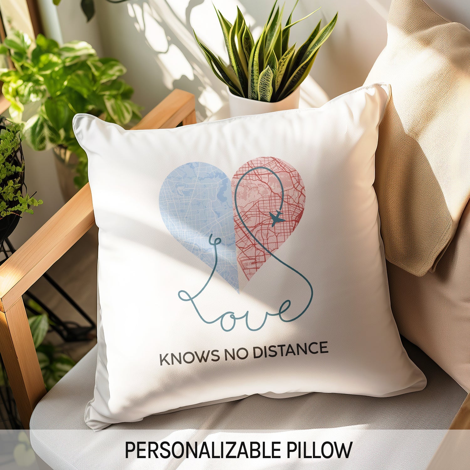 Love Knows No Distance Map - Personalized Anniversary or Valentine's Day gift for Long Distance Couple - Custom Pillow - MyMindfulGifts