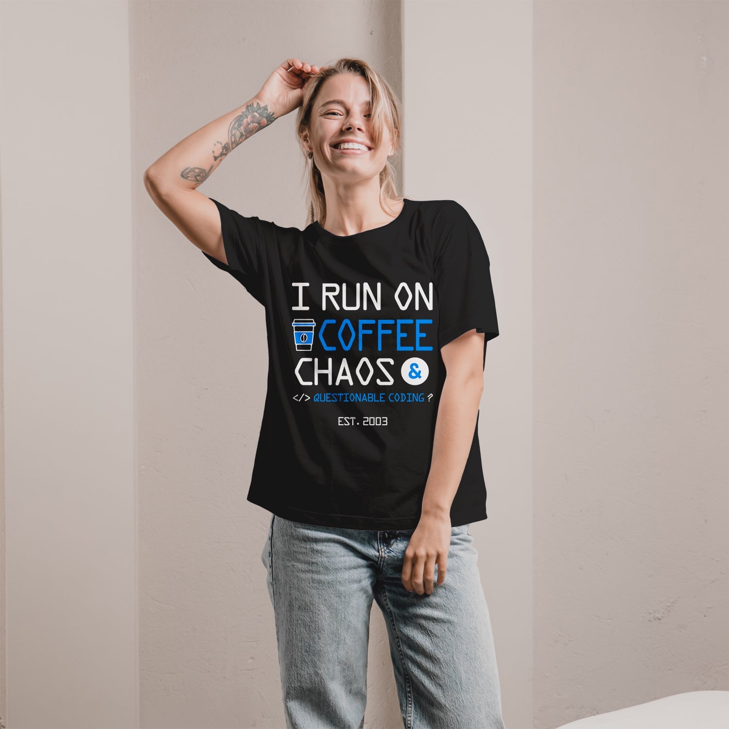 I run on coffee, chaos, and questionable coding - Personalized Birthday gift for Software Engineer - Custom Tshirt - MyMindfulGifts