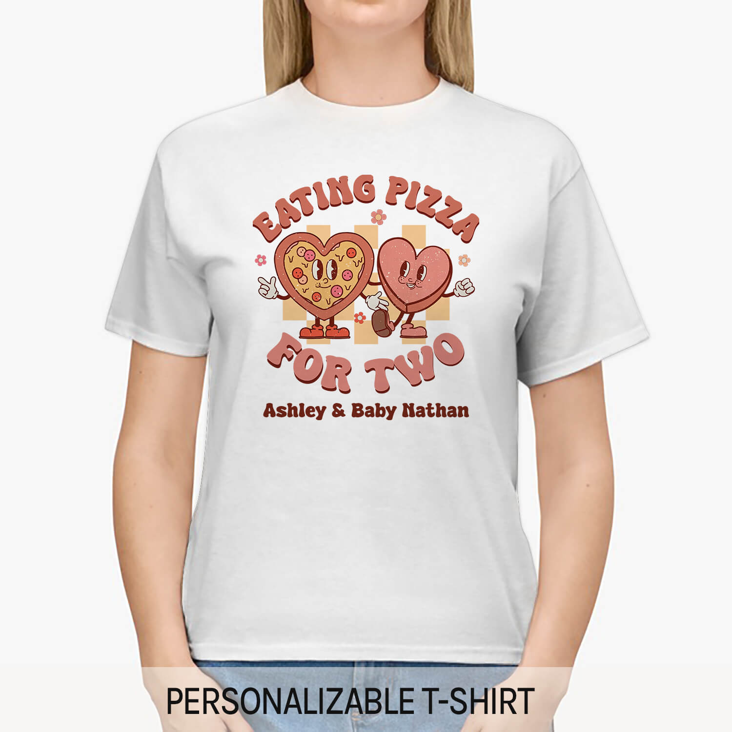 Eating Pizza For Two - Personalized Valentine's Day Pregnancy Announcement gift For Mom To Be - Custom Tshirt - MyMindfulGifts